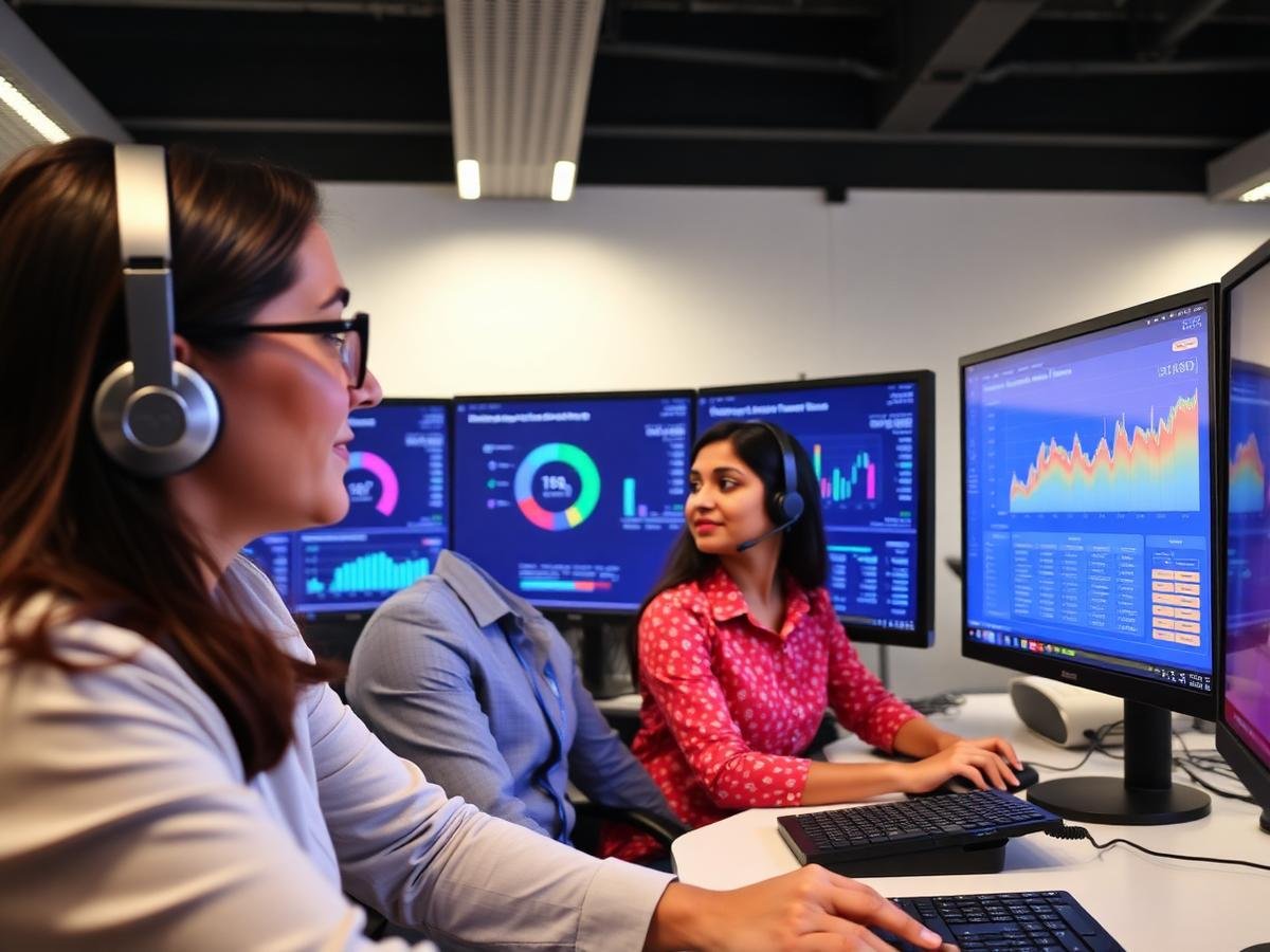 Team leader reviewing live sales dashboards with agents