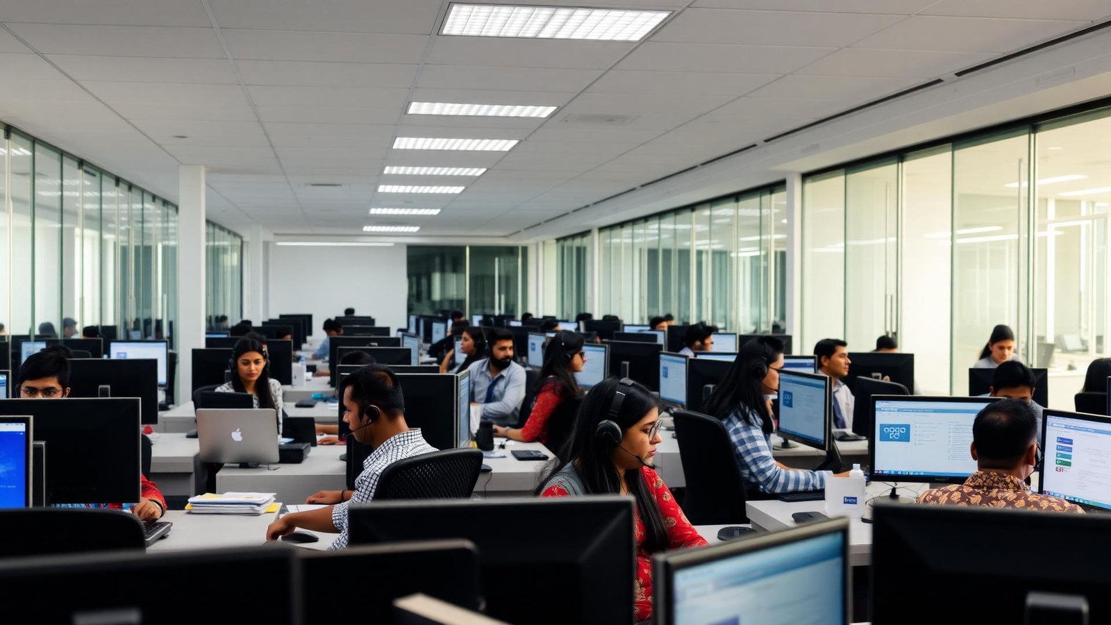Agents working on a busy modern sales floor