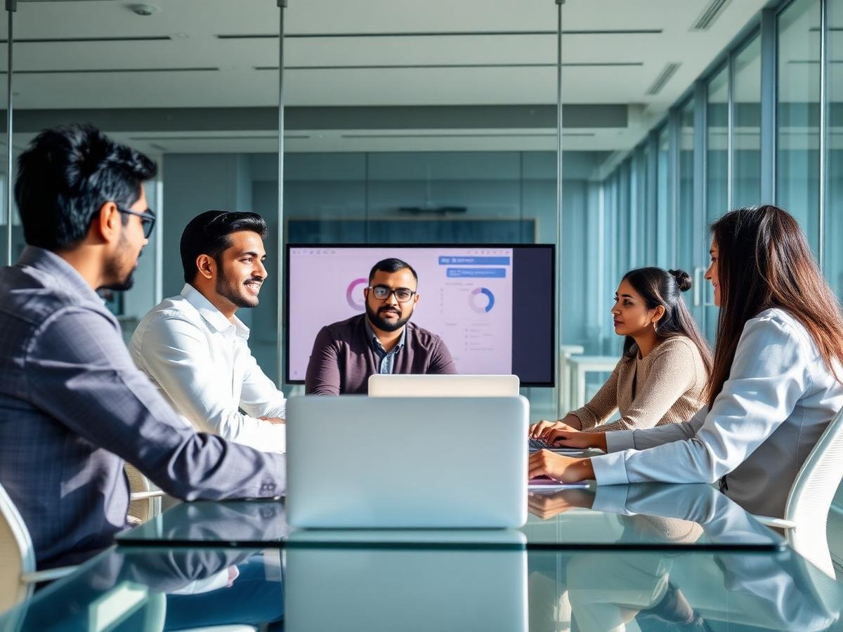 Back office team working in a bright meeting room